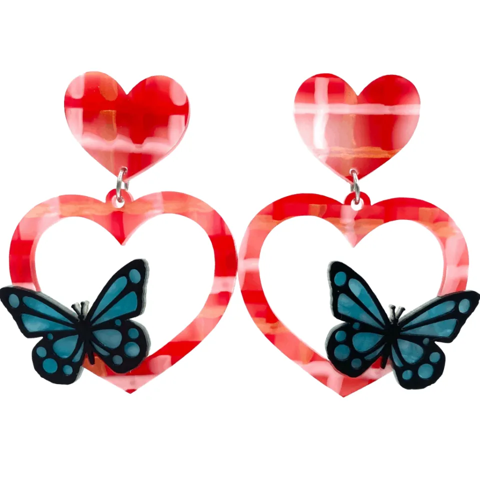 haus_of_dizzy_beautiful_b_0-8.webp Earrings^Haus Of Dizzy 'Beautiful Butterfly' Plaid Heart Earrings ?