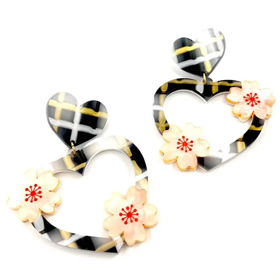 haus_of_dizzy_cherry_blos_2.webp Earrings^Haus Of Dizzy Cherry Blossom Plaid Heart Earrings ?