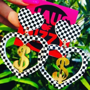 Earrings^Haus Of Dizzy 'Dancing Dollarz' Checkered Heart Earrings