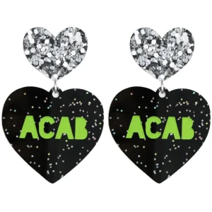 Earrings^Haus Of Dizzy 'PROTEST' in 'ACAB' Black Glitter Heart Earrings