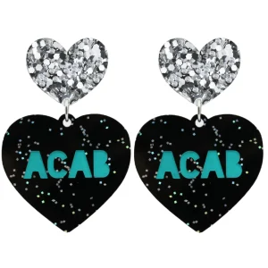 Earrings^Haus Of Dizzy 'PROTEST' in 'ACAB' Black Glitter Heart Earrings