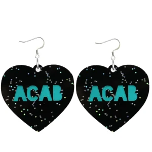 Earrings^Haus Of Dizzy 'PROTEST' in 'ACAB' Black Glitter Heart Earrings
