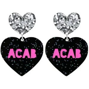 Earrings^Haus Of Dizzy 'PROTEST' in 'ACAB' Black Glitter Heart Earrings