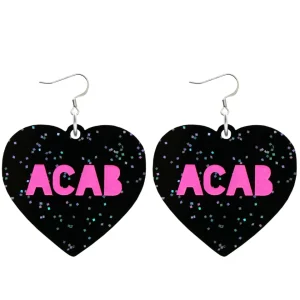 Earrings^Haus Of Dizzy 'PROTEST' in 'ACAB' Black Glitter Heart Earrings