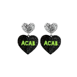 Earrings^Haus Of Dizzy 'PROTEST' in 'ACAB' Black Glitter Heart Earrings