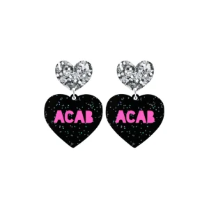 Earrings^Haus Of Dizzy 'PROTEST' in 'ACAB' Black Glitter Heart Earrings